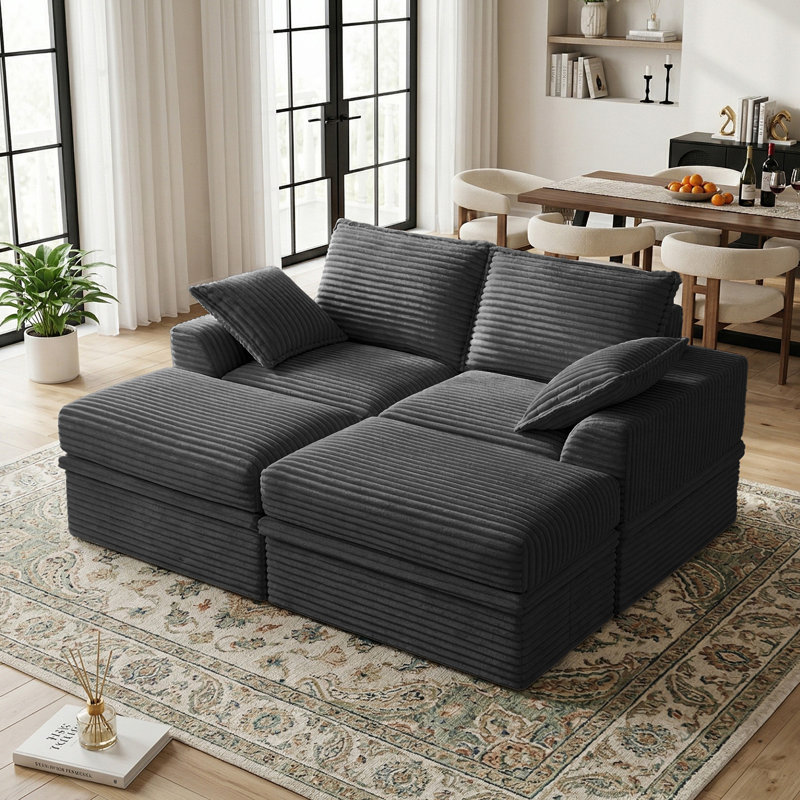 Oversized Corduroy Sectional Loveseat Sleeper Sofa, 4-Piece Modular Couch with Storage, 2 Ottomans & 2 Pillows for Living Room & Apartment, Easy Assembly Required