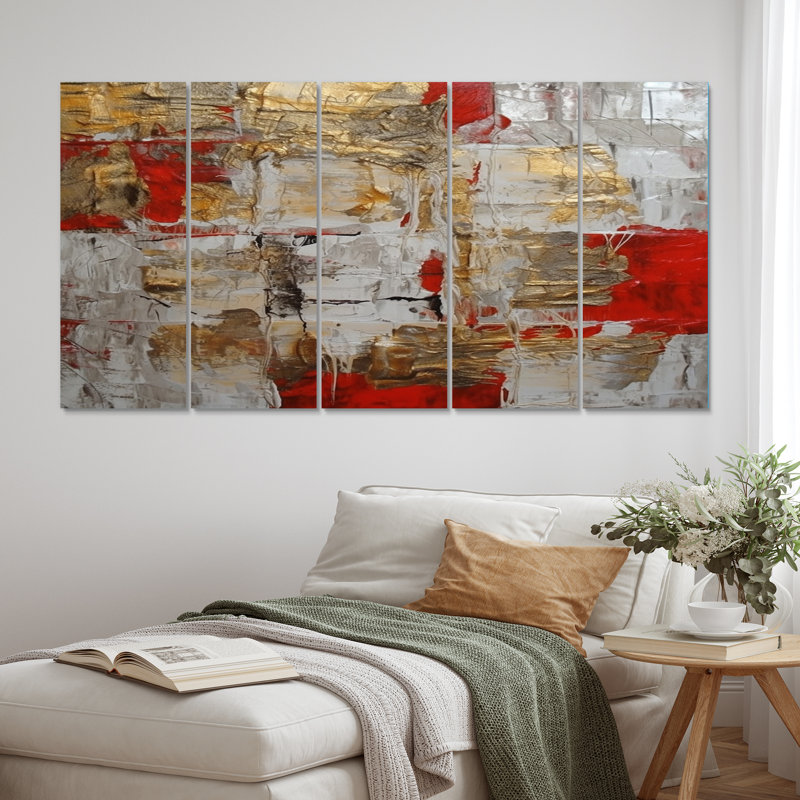 «Cardinal Sin Retro Delight Abstract Red & Gold I», reproduction d'art sur toile abstraite - 5 panneaux égaux