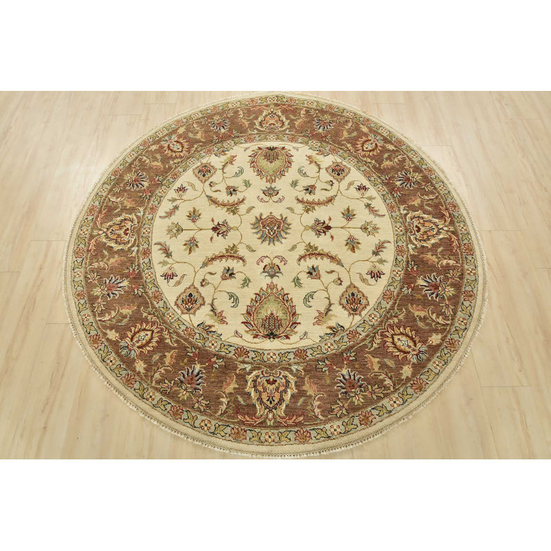 Tapis oriental rond rond en laine noué à la main beige 5 pi 11 po x 6 pi