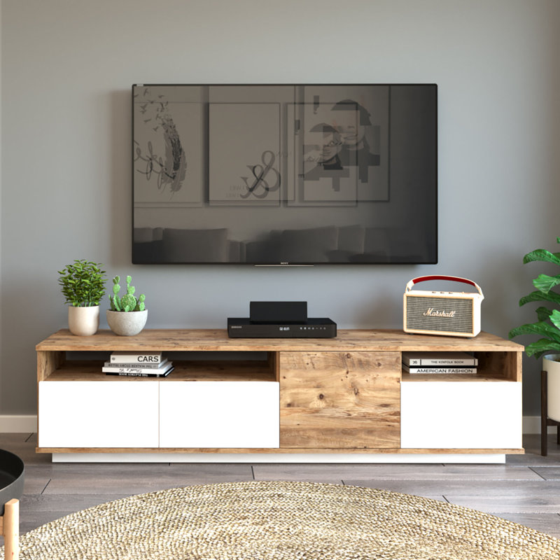 Modern TV Stand, 100% Melamine Coated Particle Board, Atlantic Pine & White, 70.9 x 17.6 x 17.6 inches | Thickness: 0.7 inches | Scandinavian Design, Stylish Storage Solution for Living Room & Entertainment Areas