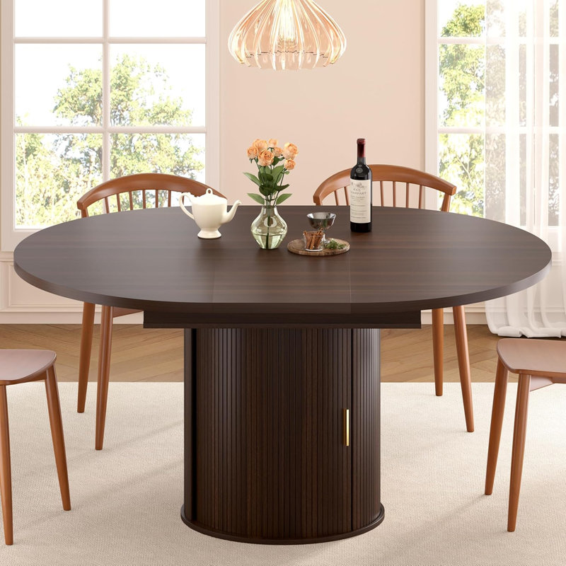 47-63" Extendable Round Dining Table for 4-8 People, Mid-Century Modern Kitchen Table with Storage Cabinet, Dark Walnut