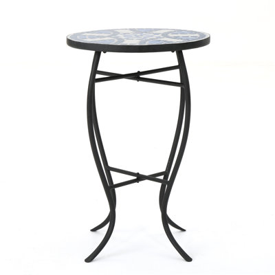 Outdoor Round Side Table With Mosaic-Style Top And Curved Iron Legs