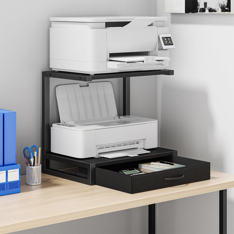 2-Tier Desktop Printer Stand With Fabric Drawer, Prtiner Table With Storage Shelf, Desk Organizer