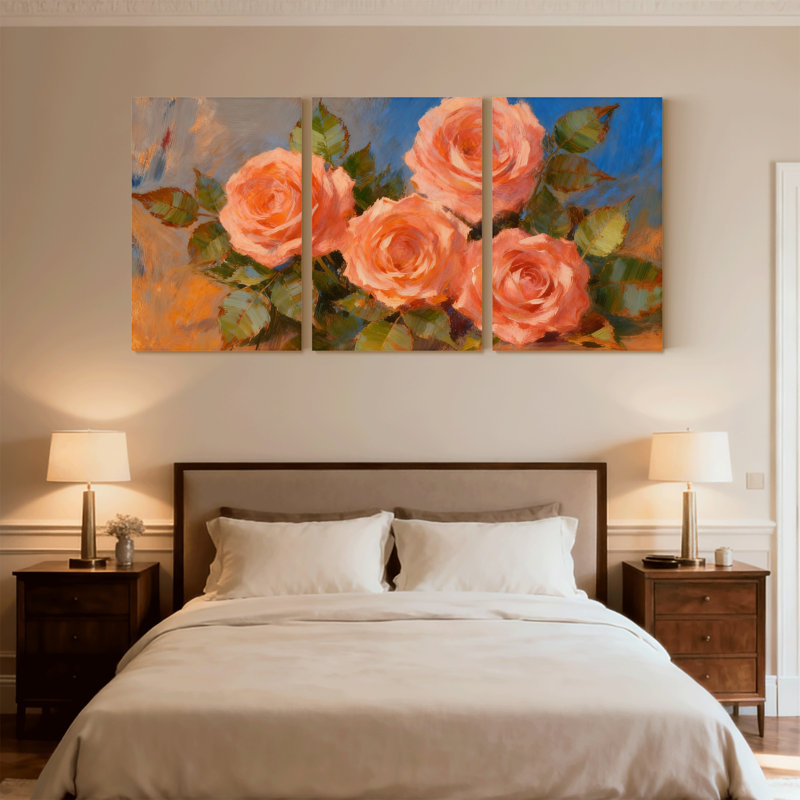 Ensemble de 3 reproductions d'art sur toile, roses et feuilles vertes sur toile, H 24 po x l 48 po
