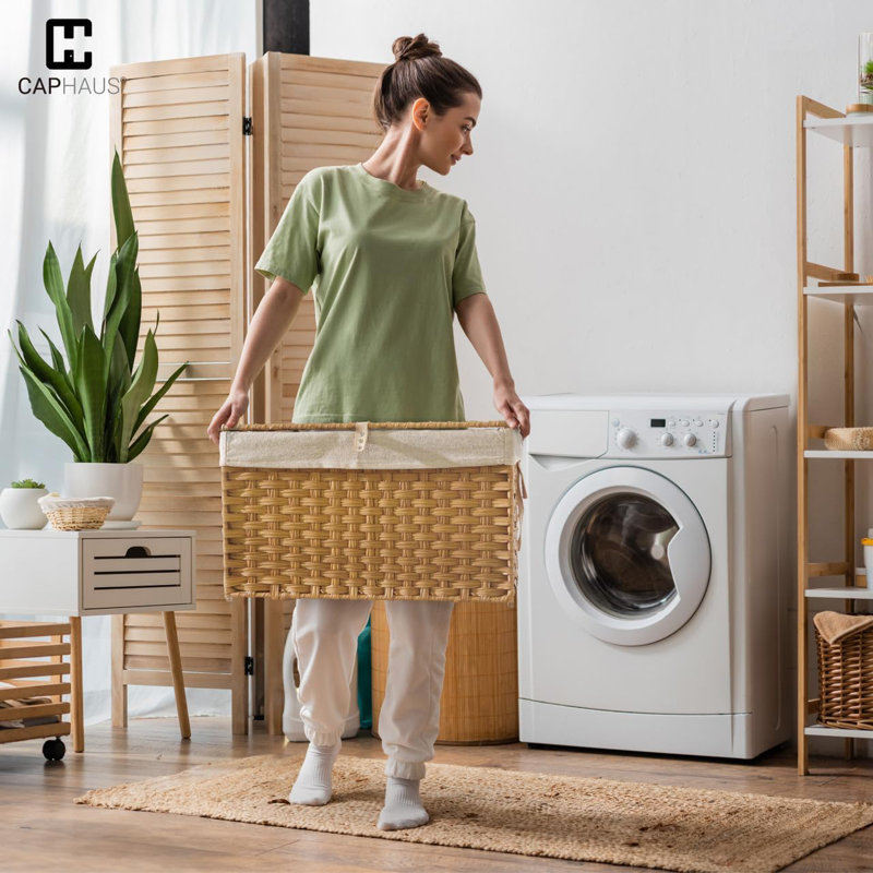 CAPHAUS Rattan Laundry Basket, 65L-160L Capacity, Removable Liner Bags, 3 colors, Natural, 18.3" H x 18.1" W x 29.7" D