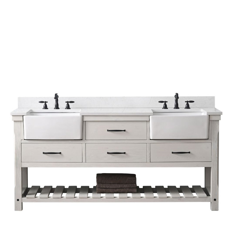 Meuble-lavabo double 72 po avec plateau en pierre d'ingénierie Curiel, Blanc délavé / noir mat