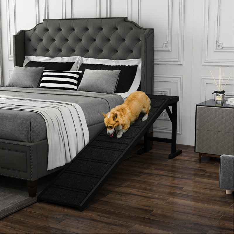 Rampe de mouvement noire pour animal de compagnie, antidérapante, de 74 po x 16 po x 25 po, fabriquée en pin noir. Avec tapis antidérapant. En pin massif. Supporte le mouvement. Soulage le fardeau commun. Assemblage requis