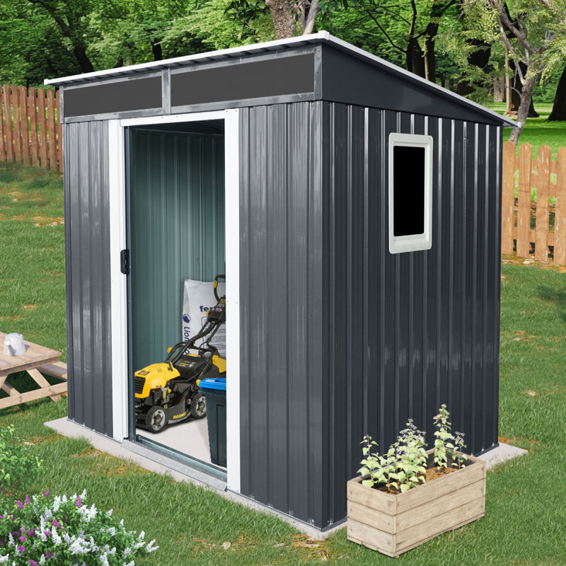 8Ft X 4Ft Outdoor Metal Storage Shed With Window And Metal Foundation For Backyard, Patio, Lawn (Black And White)