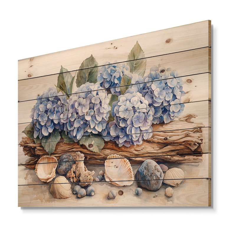 Décor d'hortensias et de bois flottant - Décoration murale en bois d'hortensias - sur bois de pin naturel, H 10 po x l 20 po