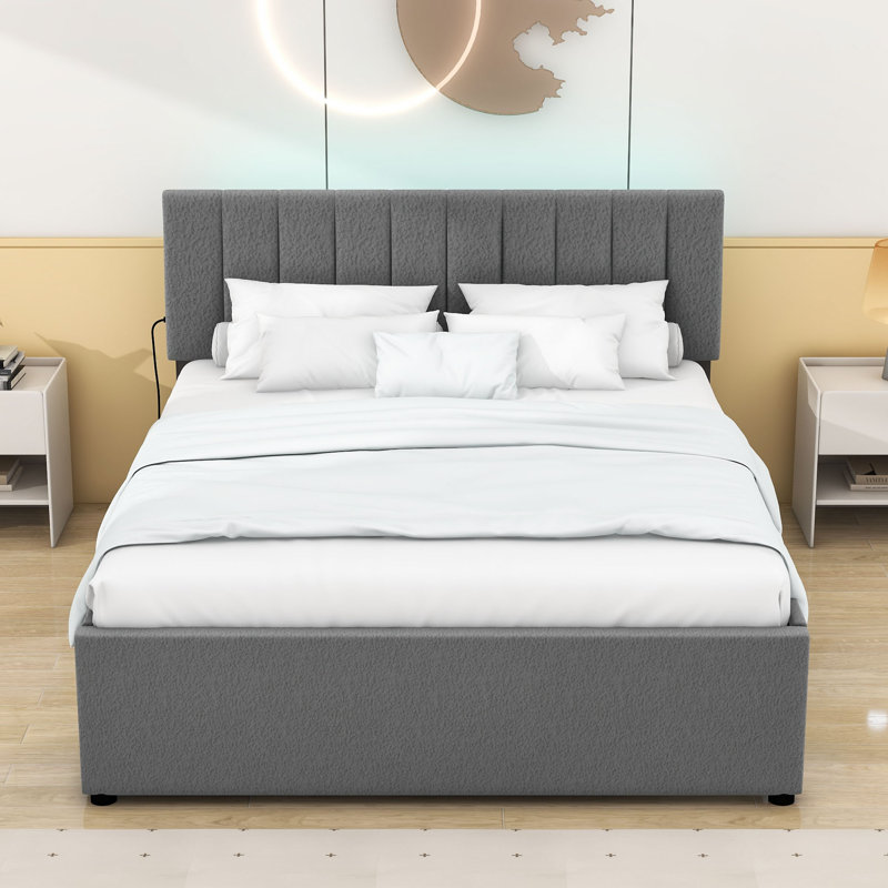 Lit plateforme tapissier en bois avec lit gigogne et tête de lit, gris, Grand