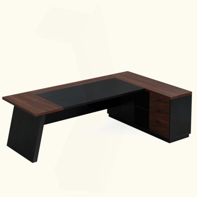 Bureau de direction en L avec classeur et tiroirs, grand poste de travail d'ordinateur moderne avec tablettes de rangement