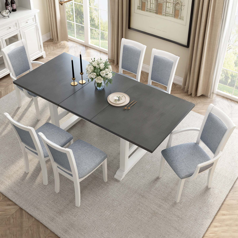 7-Piece Updated 76.9Inch Extendable Trestle Dining Table Set With Removable Leaf