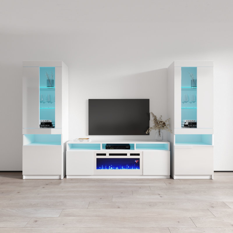 Azniv 110.2" Modern Entertainment Center with Electric Fireplace, High Gloss Finish, Media Storage, White