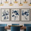 Bleu marine et feuilles de lin II - ensemble de 3 peintures sur toile encadrées-1524676194-1524676201