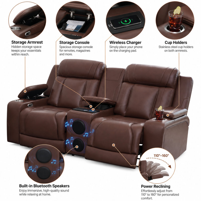 Ensemble de canapé de salon inclinable électrique en similicuir 2 pièces de qualité supérieure avec haut-parleur Bluetooth, station de recharge sans fil et lumière DEL bleue