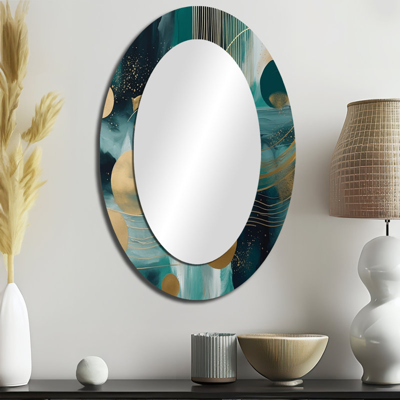 Vivid Emeral and Gold Contours Circles I - Miroir décoratif abstrait ovale sur métal, 36 po x 24 po