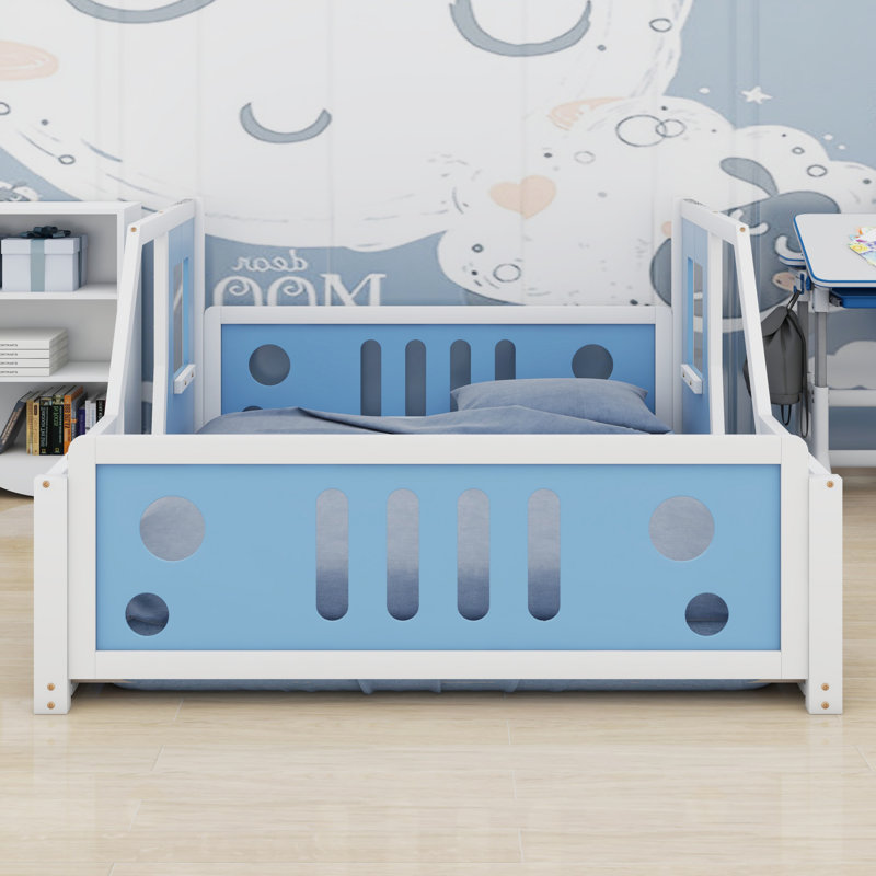 Lit plateforme classique avec roulettes en forme de voiture, Bleu / blanc