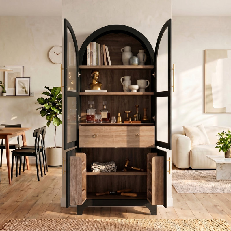 Armoire de rangement de 71 po de haut avec porte en verre arquée, armoire de cuisine avec porte, supports de rangement internes, tiroir caché, tablette ouverte et réglable, armoire de cuisine, salle à manger, facile à assembler