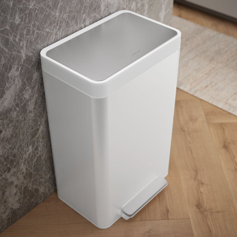 Reset 13 Gallon Kitchen Trash Can, Stainless Steel Hand Free Step Trash Can with Quiet-Close Lid, White/Stainless Steel