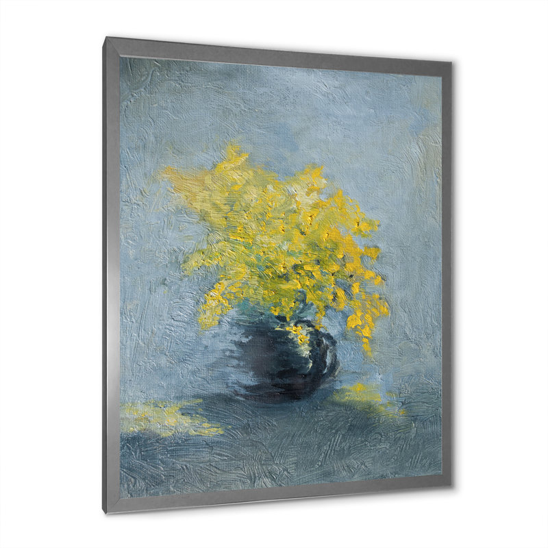 Nature morte jaune et bleu Mimosa - Peinture, Cadre photo argenté, H 32 po x l 16 po x P 1 po