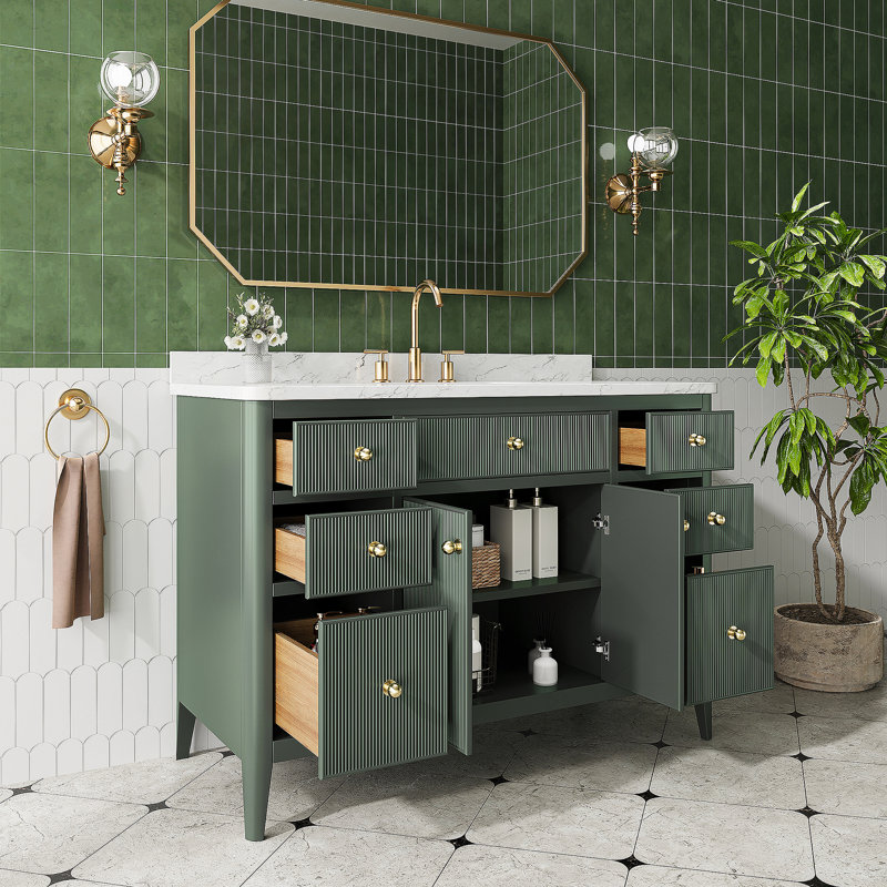 Meuble-lavabo autoportant de 48 po entièrement assemblé avec structure en bois massif et plateau en marbre d'ingénierie, Vert