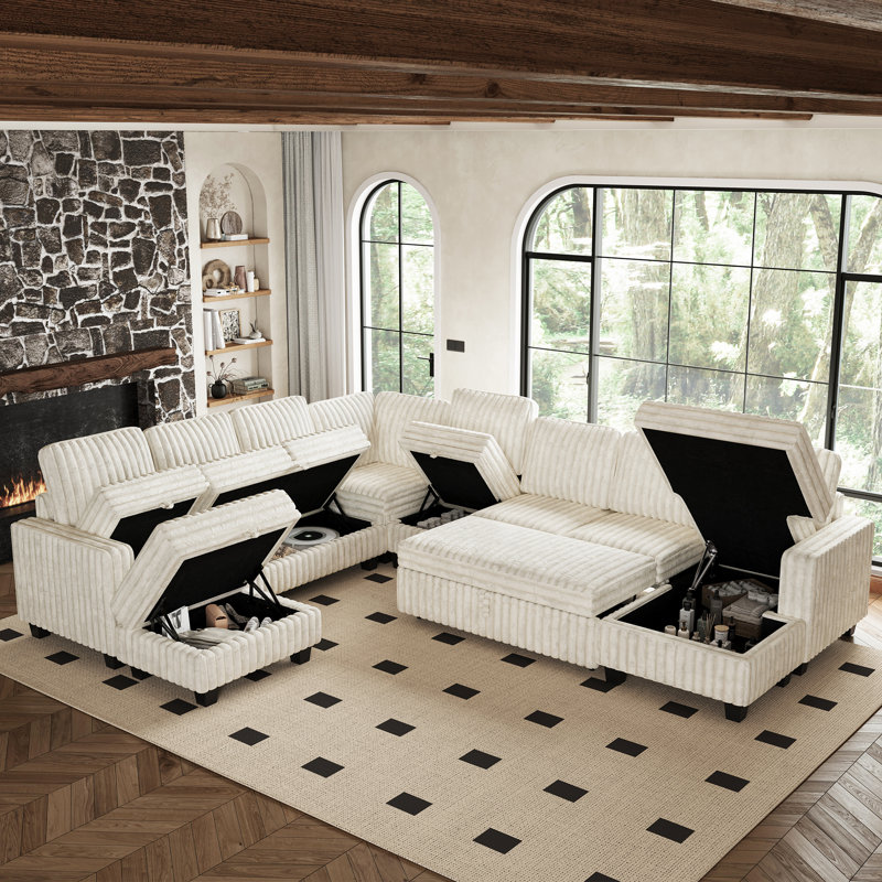 Short Plush Fabric Oversized U - Shaped Modular Sectional Sofa, Storage Sofa, Soft Upholstery, Beige Faux Fur