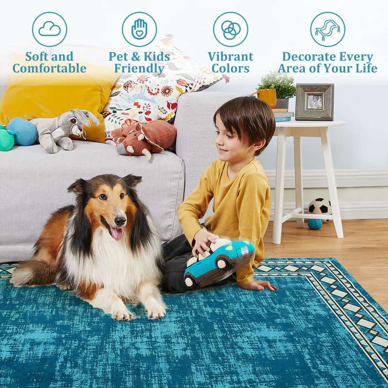 Tapis décoratif moderne à bordure géométrique Kitai, Rectangle 8 pi x 10 pi