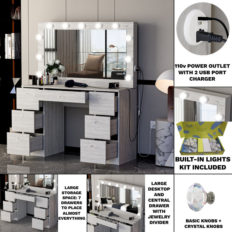 Boahaus Freya Large Vanity Makeup Desk with Wide Mirror, Build-In Lights, 7 Drawers and Power Outlet, Gray/Crystal Knobs
