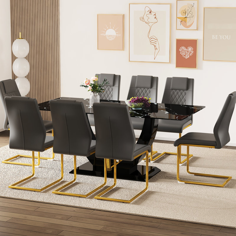 Spacieuse salle à manger en verre trempé en marbre noir 71 po x 35,4 po avec 8 chaises en polyuréthane gris foncé et pieds en métal