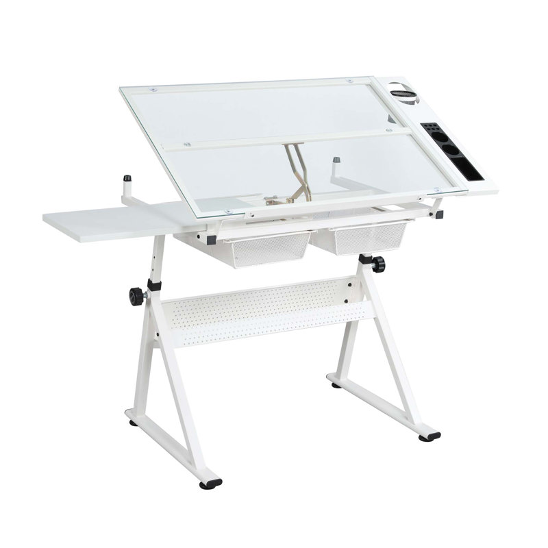 adjustable tempered glass drafting printing table with chair, White