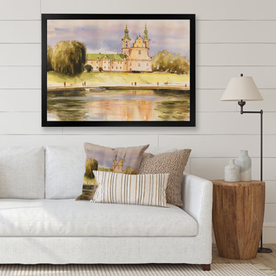 Église historique sur le rocher au bord de la rivière - Peinture sur toile