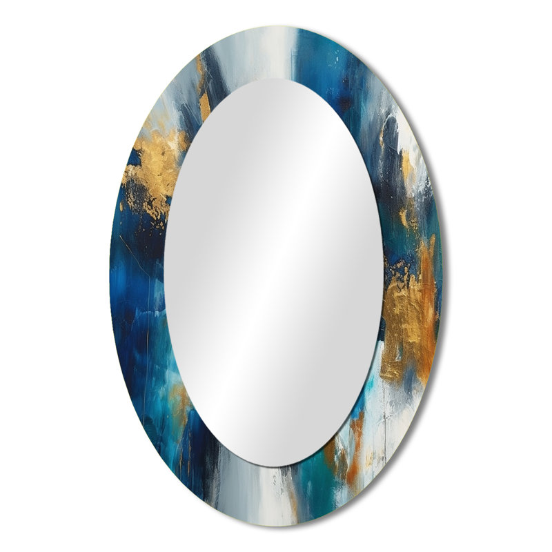 Deep Knowing Abstract In Royal Blue And Gold IV - Gold Modern Oval Wall Mirror, 36" x 24"
