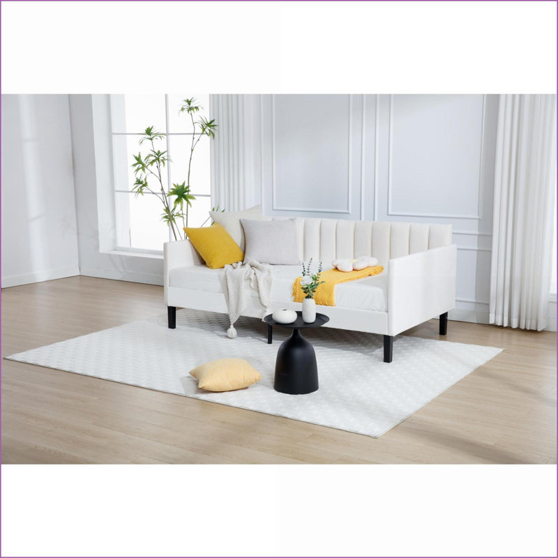 Twin Size Beige Velvet Upholstered Daybed with Tufted Backrest - Squeak-Free Metal Frame, No Box Spring Needed for Living Room