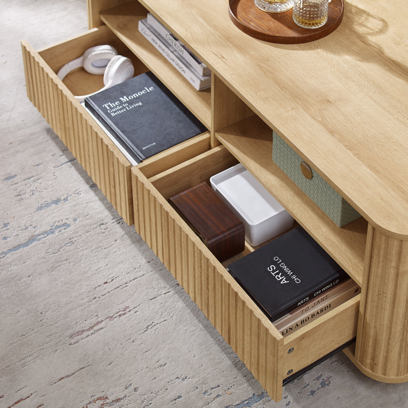 Table basse cannelée l 52 po avec tablette ouverte et 2 tiroirs, Natural Oak
