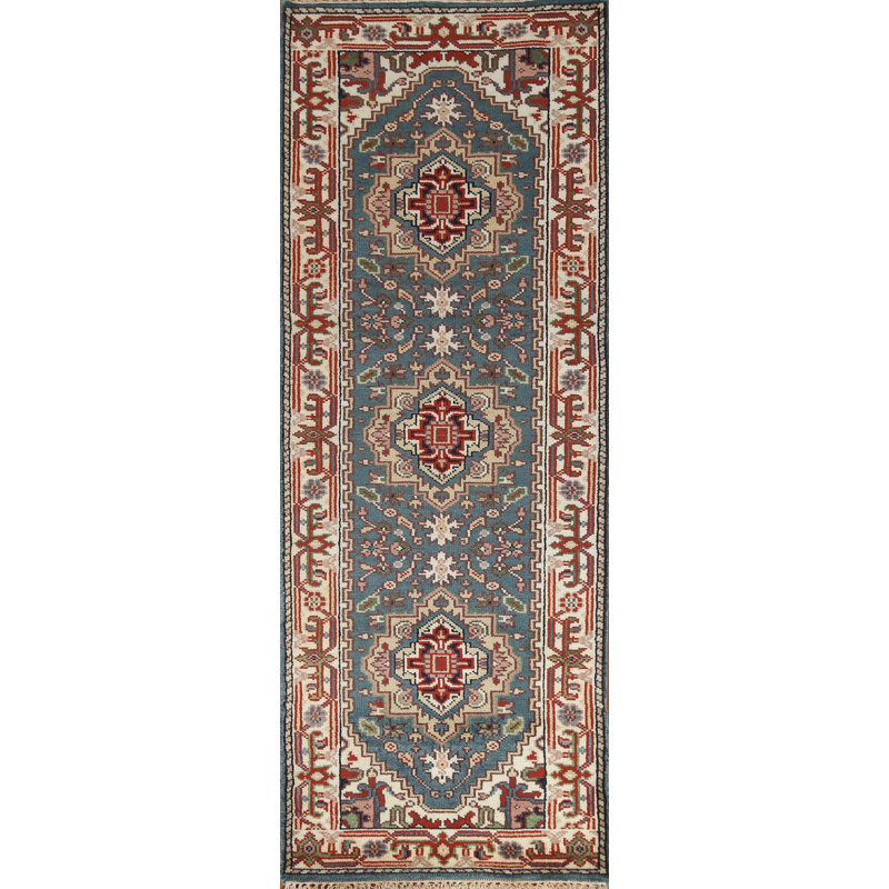 Tapis de couloir géométrique en laine Heriz Serapi fait à la main 3 x 8