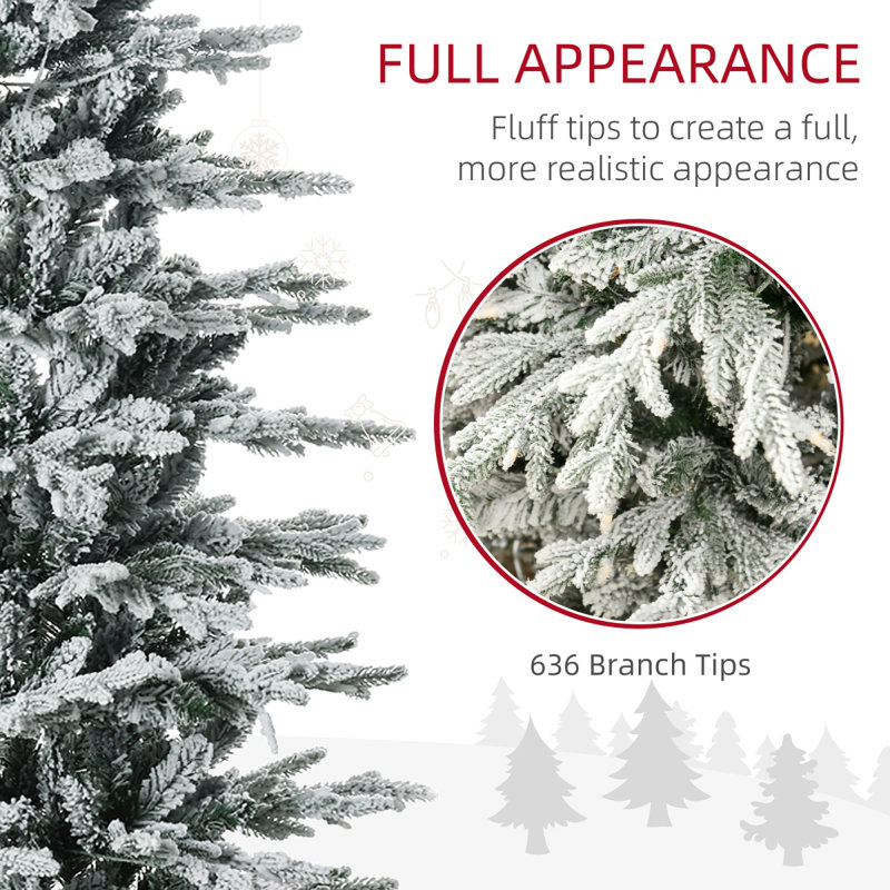 6Ft Tall Prelit Artificial Christmas Tree Holiday Décor With 636 Snow Flocked Branches, 250 Warm  Clear S, Auto Open, Extra Bulb