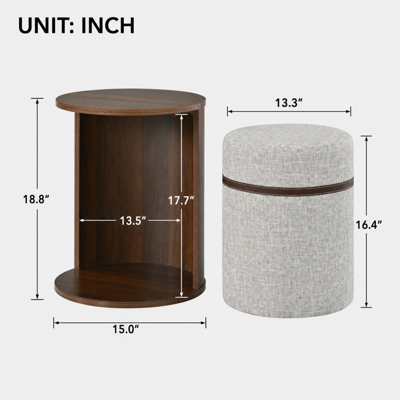 Table d'appoint gigogne coulissante avec rangement et tabouret assorti, ensemble de tables gigognes gain de place pour salon, couleur noyer et gris
