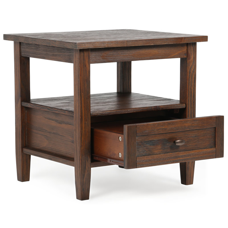 Distressed Charcoal Brown Solid Wood End Table with Storage
