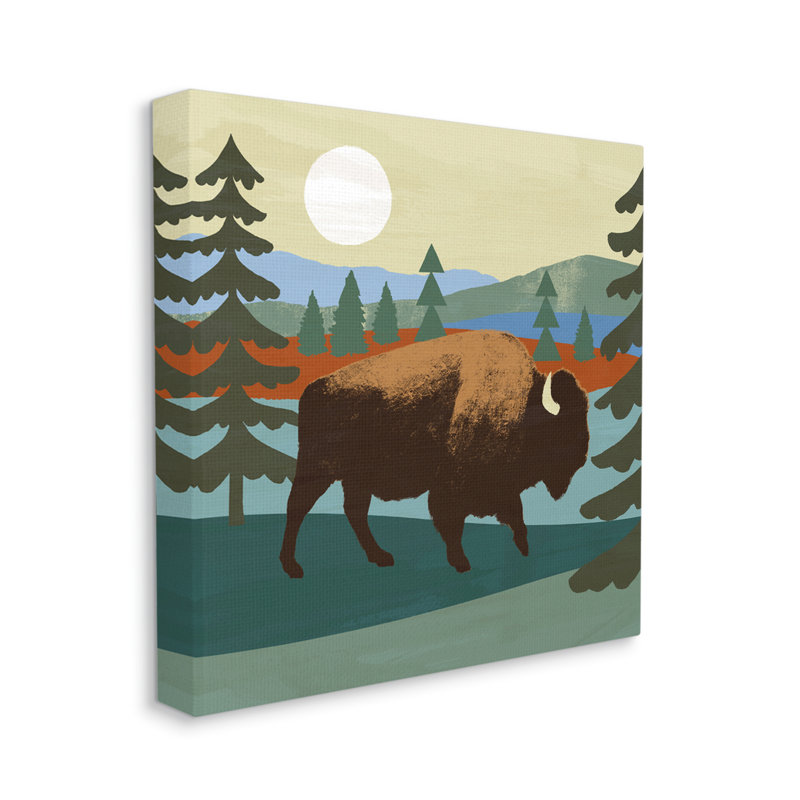 «Sunny Wild Bison Woodlands Lake Trees Collage» par Victoria Barnes - impression, Toile tendue, H 17 po x l 17 po x P 1,5 po