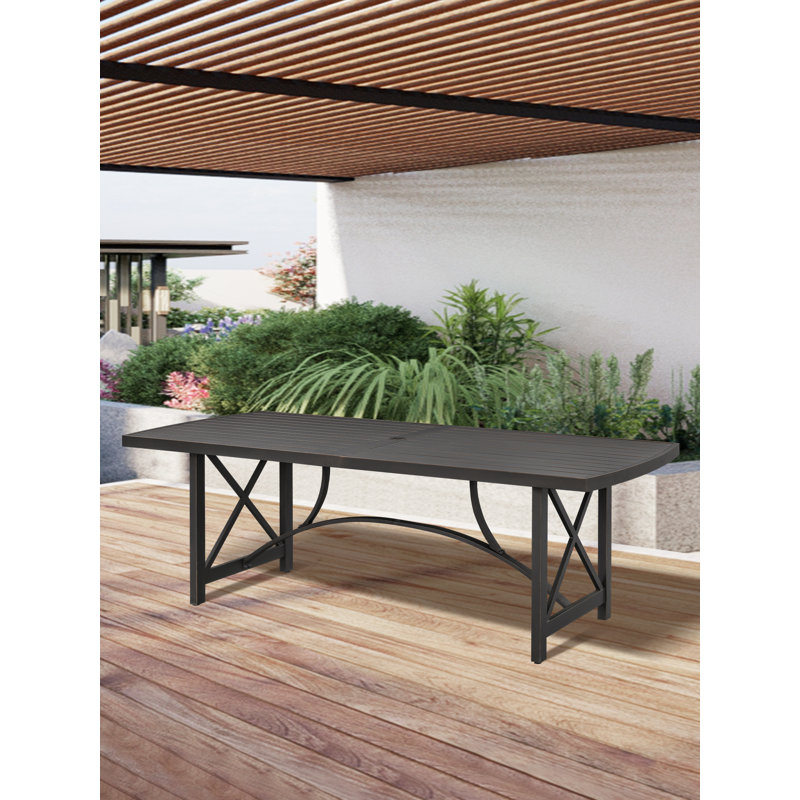 Table de salle à manger d'extérieur pour 8 personnes, table de salle à manger d'extérieur en aluminium avec trou pour parasol 2,2 po, très grande table d'extérieur rectangulaire pour 8 personnes pour terrasse, jardin, porche, bord de piscine