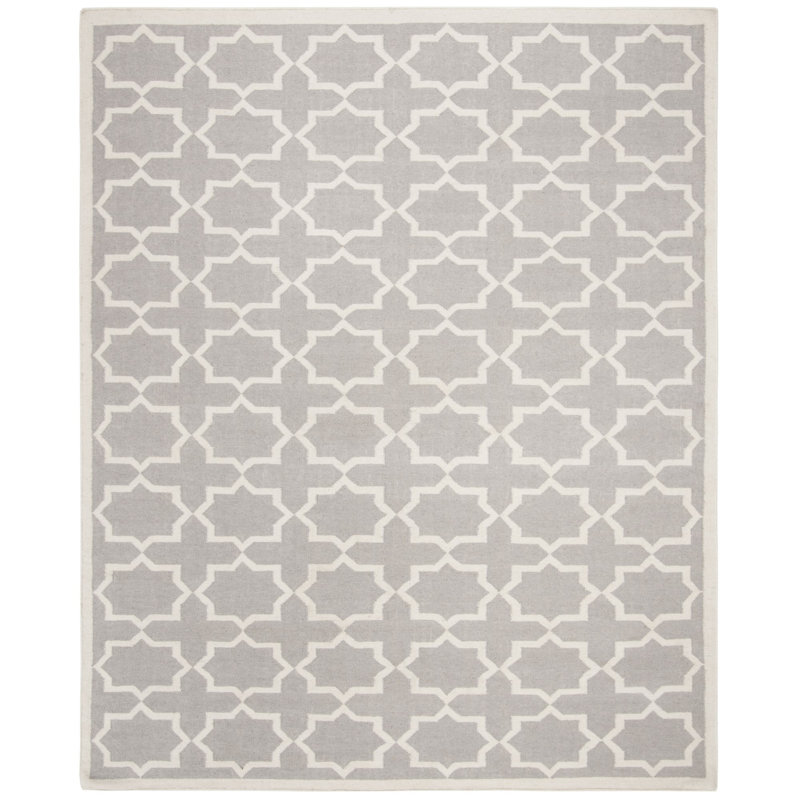 Rodgers Hand Woven Flat Weave Wool/Cotton Geometric Rug in Ivory, Rectangle 8' x 10'