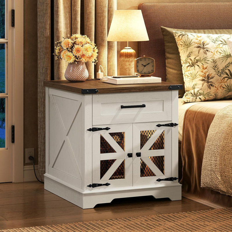 Table de bout l 23,6 po avec station de charge et armoire de rangement, Blanc/noyer