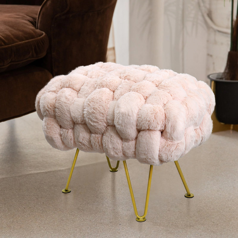Deya Upholstered Ottoman, Peach Pink Faux Fur