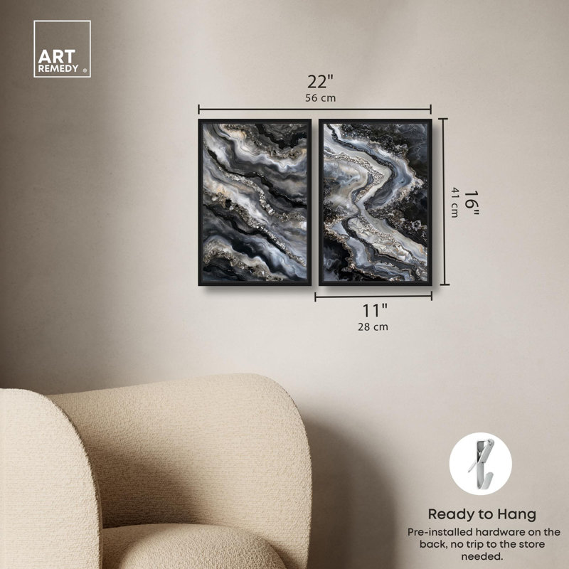 Ethereal Bloom Duo Canvas Print Geode Wall Decor Set by Art Remedy, Black Frame, 10 x 15, H 16 po x l 11 po, Structure noire
