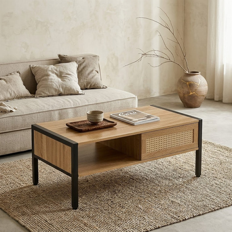 Table basse moderne en rotin naturel avec porte coulissante et pieds en métal, 40,16 po | Idée cadeau, Naturel, Naturel/noir