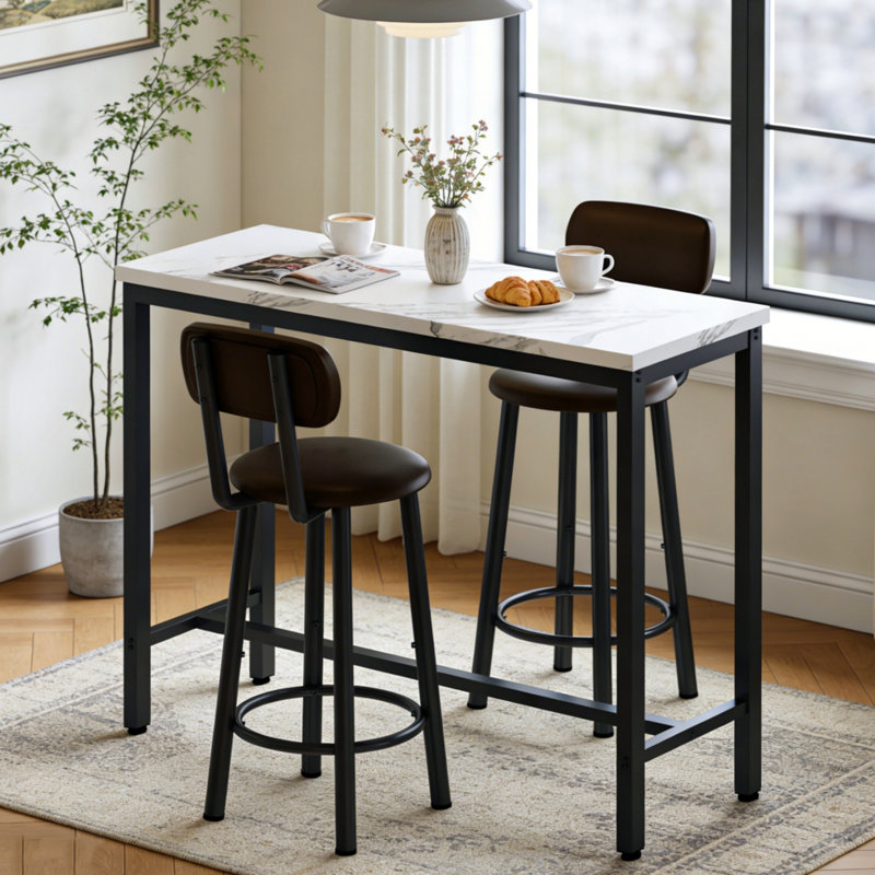 3 Piece Bar Table Set Of 2, 47" Rectangle Pub Bar Table With 2 PU Leather Upholstered Backrest Stools, Small Space Kitchen Dining Table Set For Kitchen, Living Room, Apartment