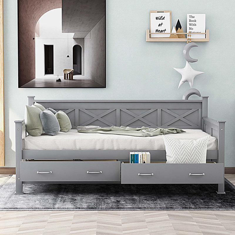 Twin Size Daybed with 2 Large Drawers, Grey