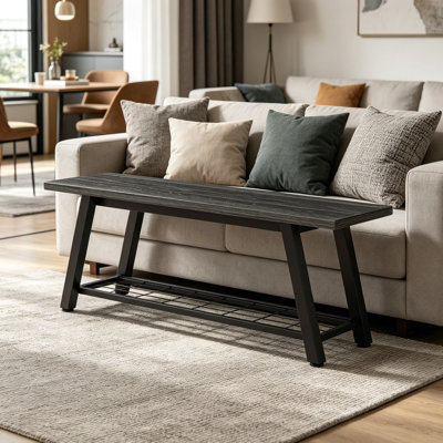Banc de rangement industriel avec rangement, banc en bois rustique et long pour chaussures pour le salon, la salle à manger, la chambre à coucher, noir anthracite