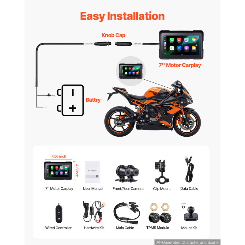 7 Inch Wireless Motorcycle Carplay with Apple Carplay & Android Auto, HD Touchscreen GPS Navigation System with Dual Cameras & Bluetooth, TPMS, Voice Control, 64GB Card - Fits All Motorcycles