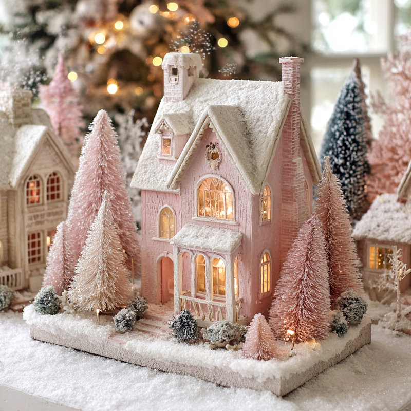 «Pink Winter Cottage II», art mural sur toile tendue, H 12 po x l 12 po